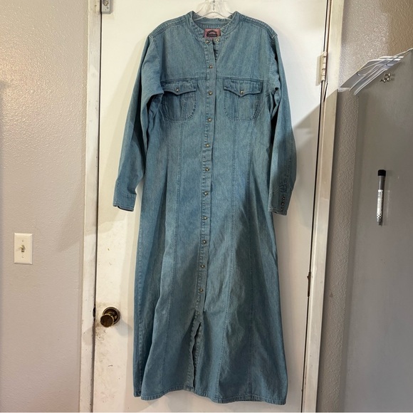 Vintage Denim Maxi Dress Long Line Pearl Snap Buttons Cowgirl Chambray Cottage - Picture 1 of 12